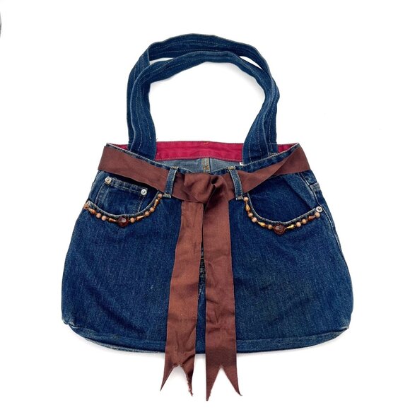 Upcycled Denim Handbag Purse Chic Beaded Pockets & Brown Ribbon FM Jeans Button - Picture 1 of 14